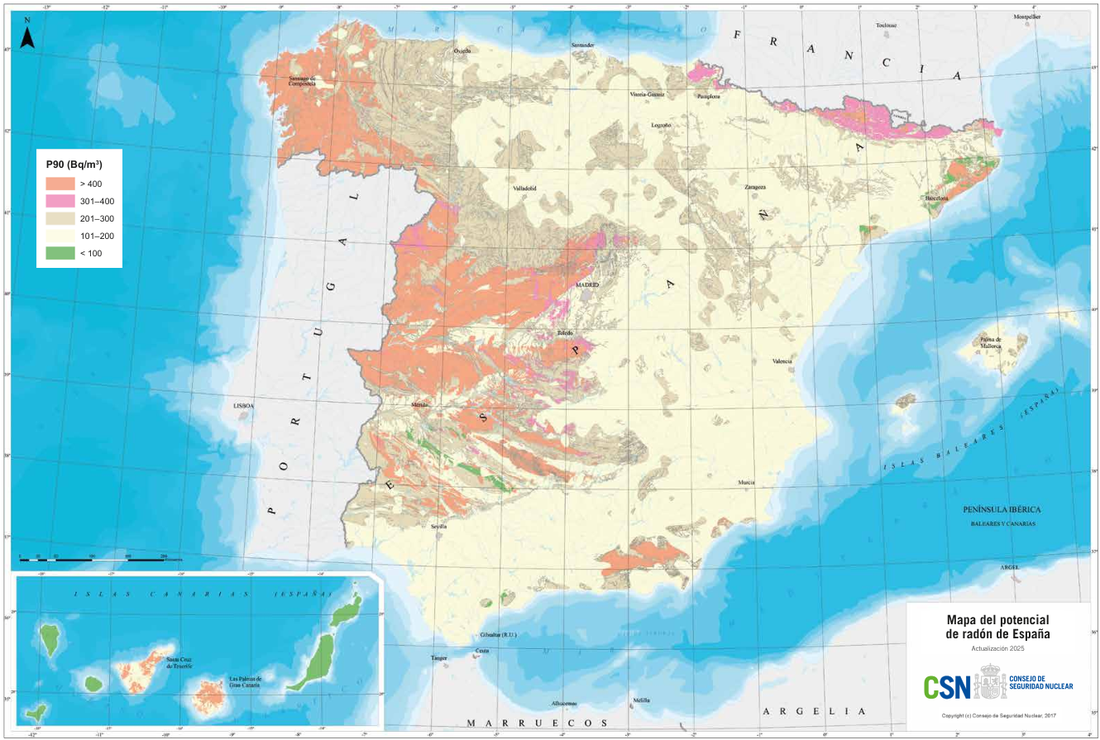 Mapa do potencial de radón de España, con Galicia destacada en zonas de risco alto
